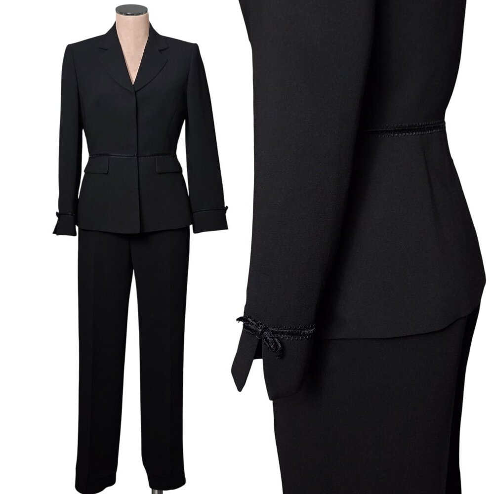 Vintage Y2K TAHARI Arthur Levi Black Pant Blazer Suit  Bow On Sleeve 4P 4 Petite
